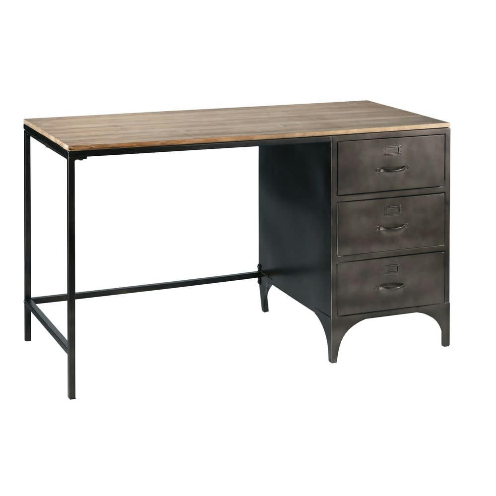 Wayne - Bureau industriel 3 tiroirs en métal et bois de sapin