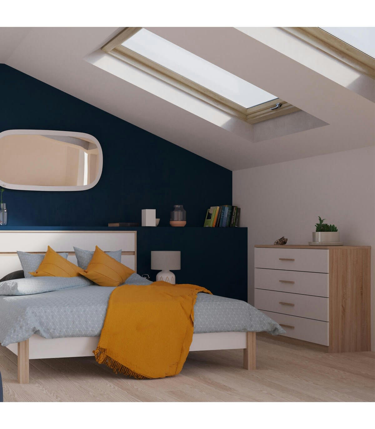 SELENA - Commode 4 Tiroirs Décor Bois et Blanc  L100 cm