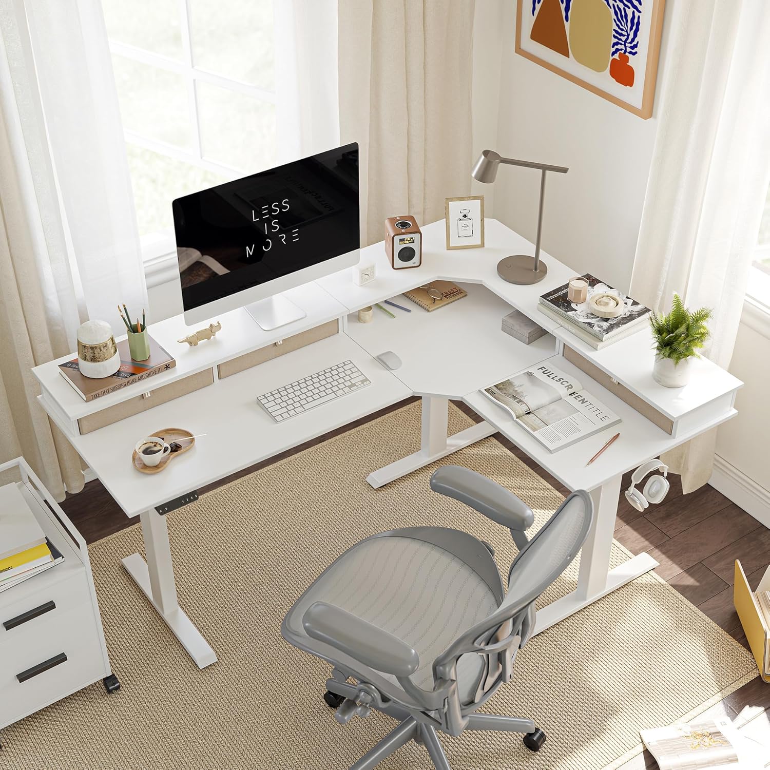 FEZIBO 63 Triple Motor L Shaped Standing Desk with 3 Drawers, 330LBS Electric Standing Gaming Office Desk L Shape, Pure White