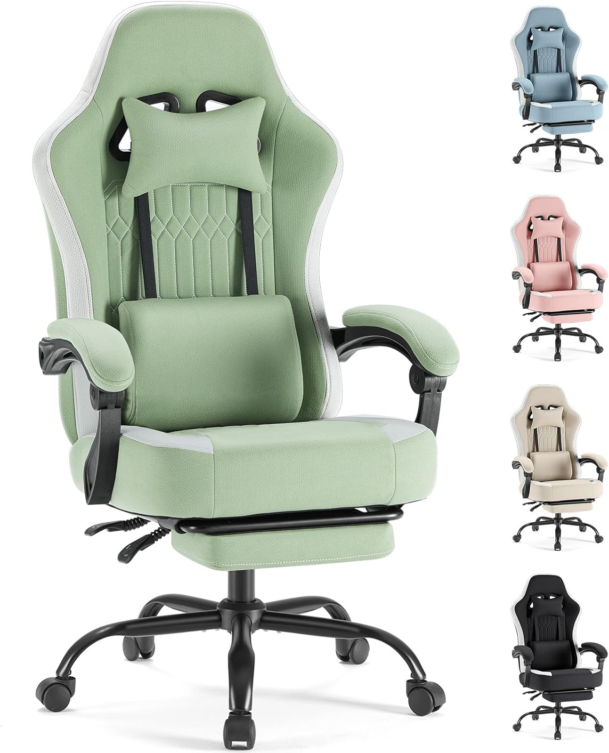Sweetcrispy Computer Gaming Chair - High Back Ergonomic Desk Chair with Footrest and Lumbar Support, Height Adjustable with Linkage Armrests and Headrest, 360° Swivel Wheels, Fabric, Green