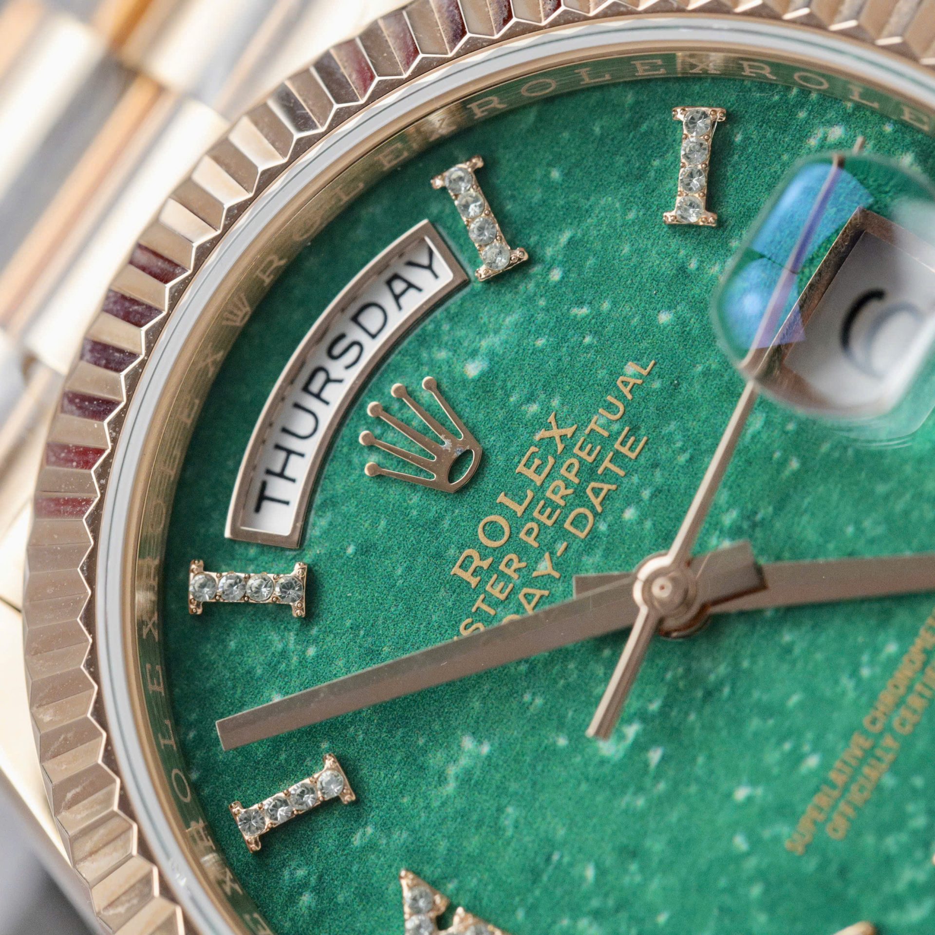 Rolex Day-Date 128235 RG Plated Green Dial CZ Diamonds 36mm Super Clone