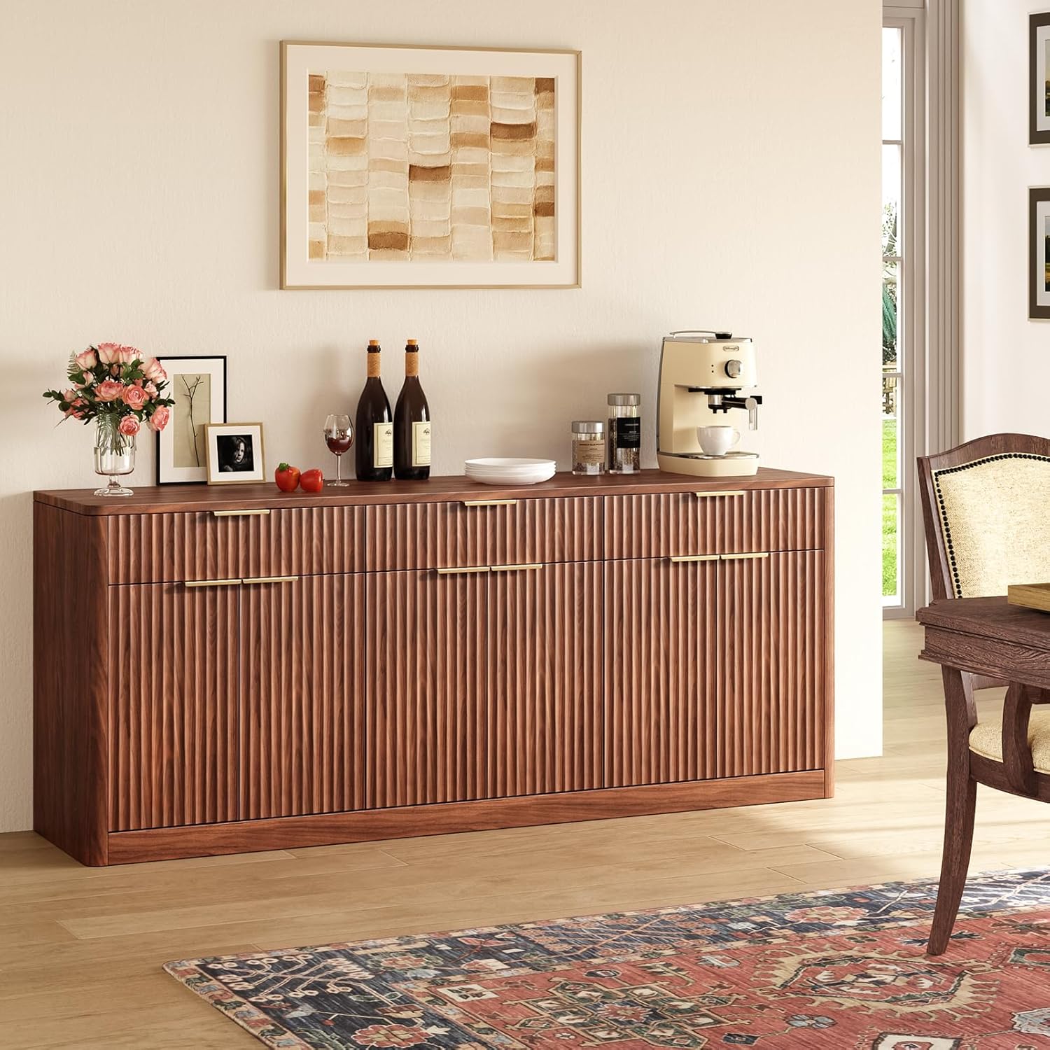 Evermagin 67 Fluted Walnut Sideboard Buffet Cabinet with 3 Drawers, Modern Credenza with Storage, Console Coffee Bar Cabinet for Kitchen, Living Room and Entryway (67 W x 31.5 H x 15.7 D)