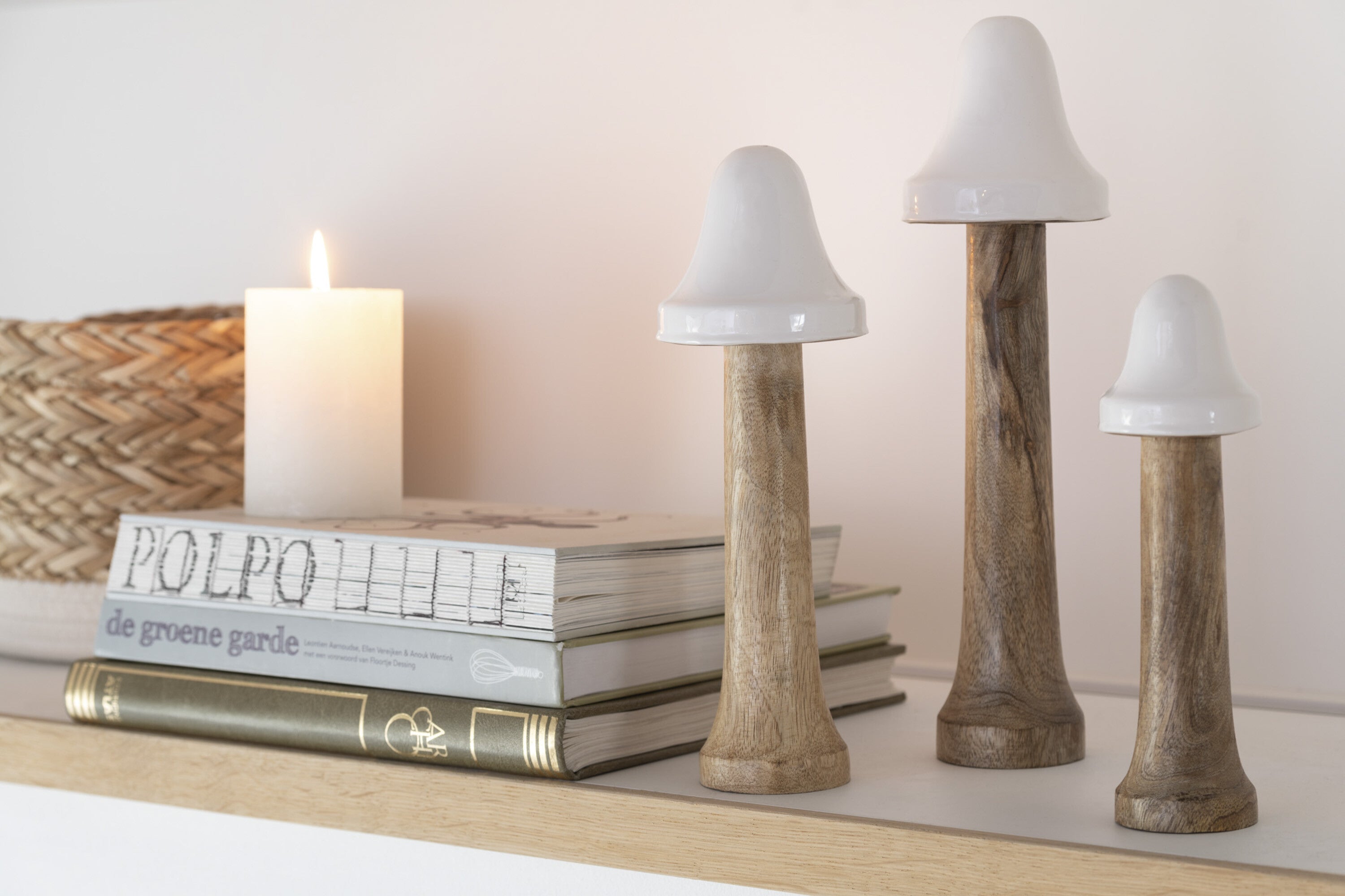 J-Line decoratie Paddenstoel Dun - hout - naturel/wit - 3 stuks