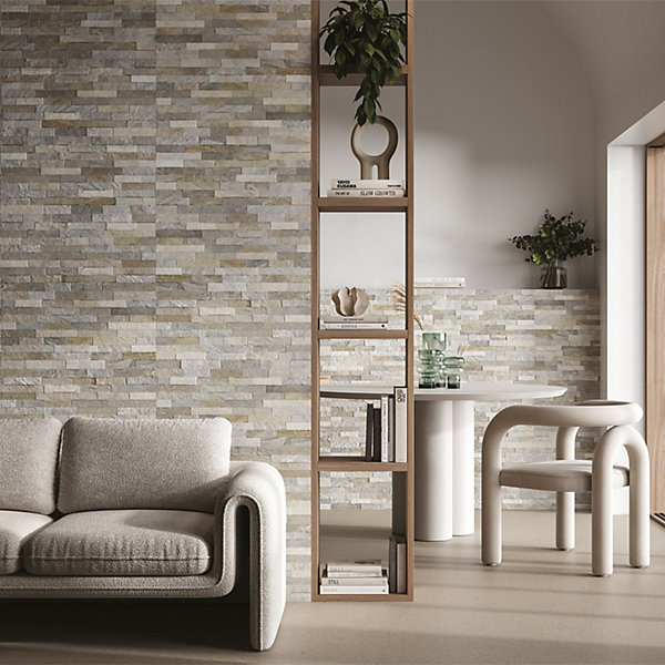 Faïence murale intérieur effet pierre tons gris décor 3D L.60 x l.30 cm x ép.8,2 mm, Quartz 3D