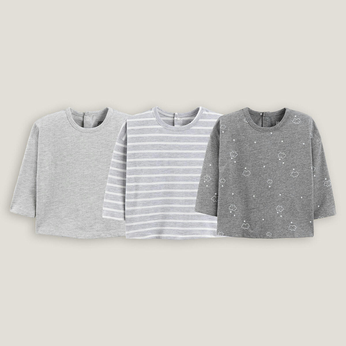 Lot 3 T-shirts manches longues, uni+rayé+imprimé