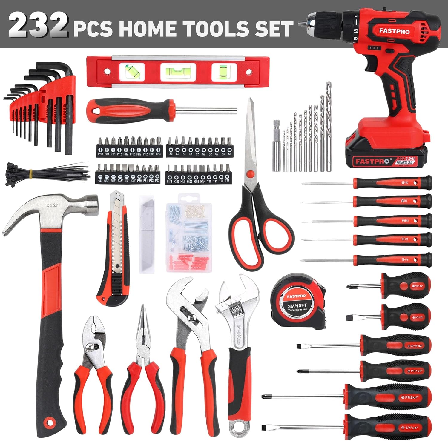 FASTPRO 232-Piece Home Tool Set with Drill, 20V Cordless Drill Driver, Household Repairing Tool Kit with Drill, 12-Inch Wide Mouth Storage Tool Bag Included, Red