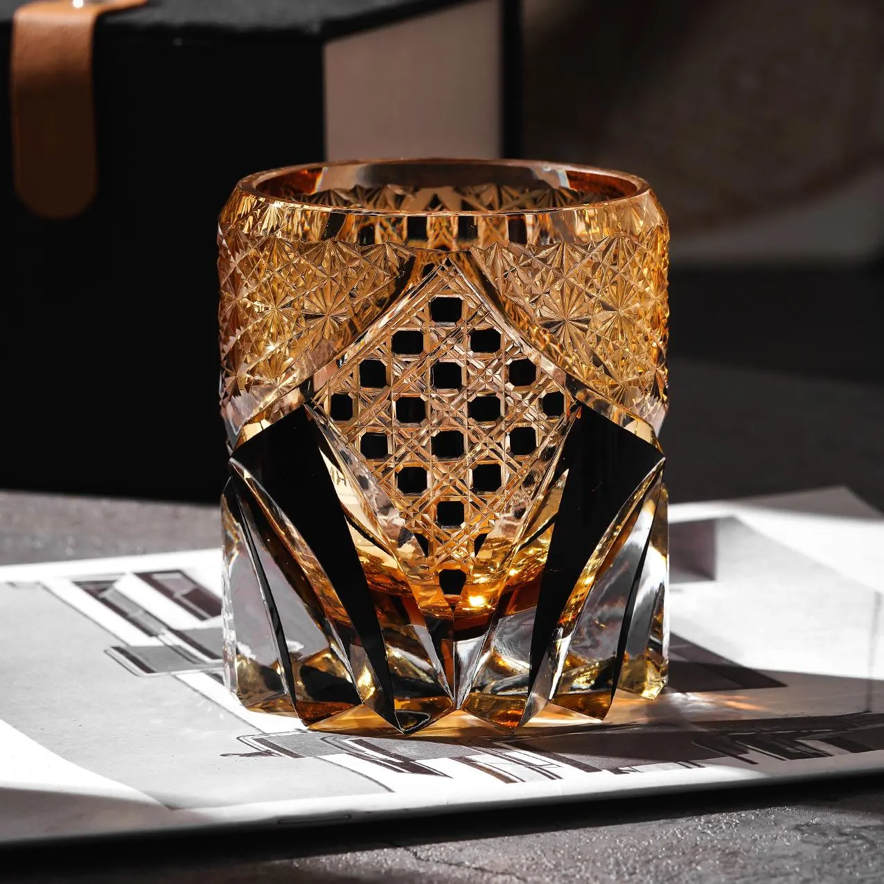 Old-Fashioned Japanese Crystal Whiskey Glass, Luxury Amber Black Rocks Glass, Home Bar Bourbon Gift for Him, Home Barware with Gift Box