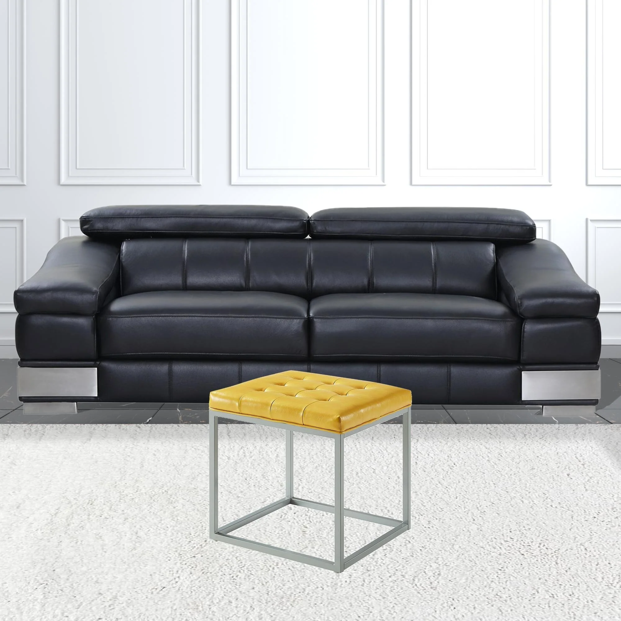 Yellow Faux Leather Cube Ottoman with Gray Metal Frame for Living Room