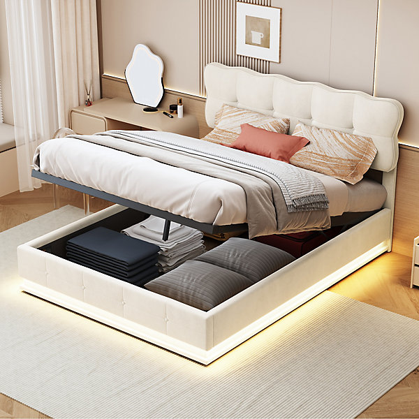 Lit Double Coffre Rembourré 140 X 190 Cm Avec éclairage LED, Montage Facile, Beige, Velours
