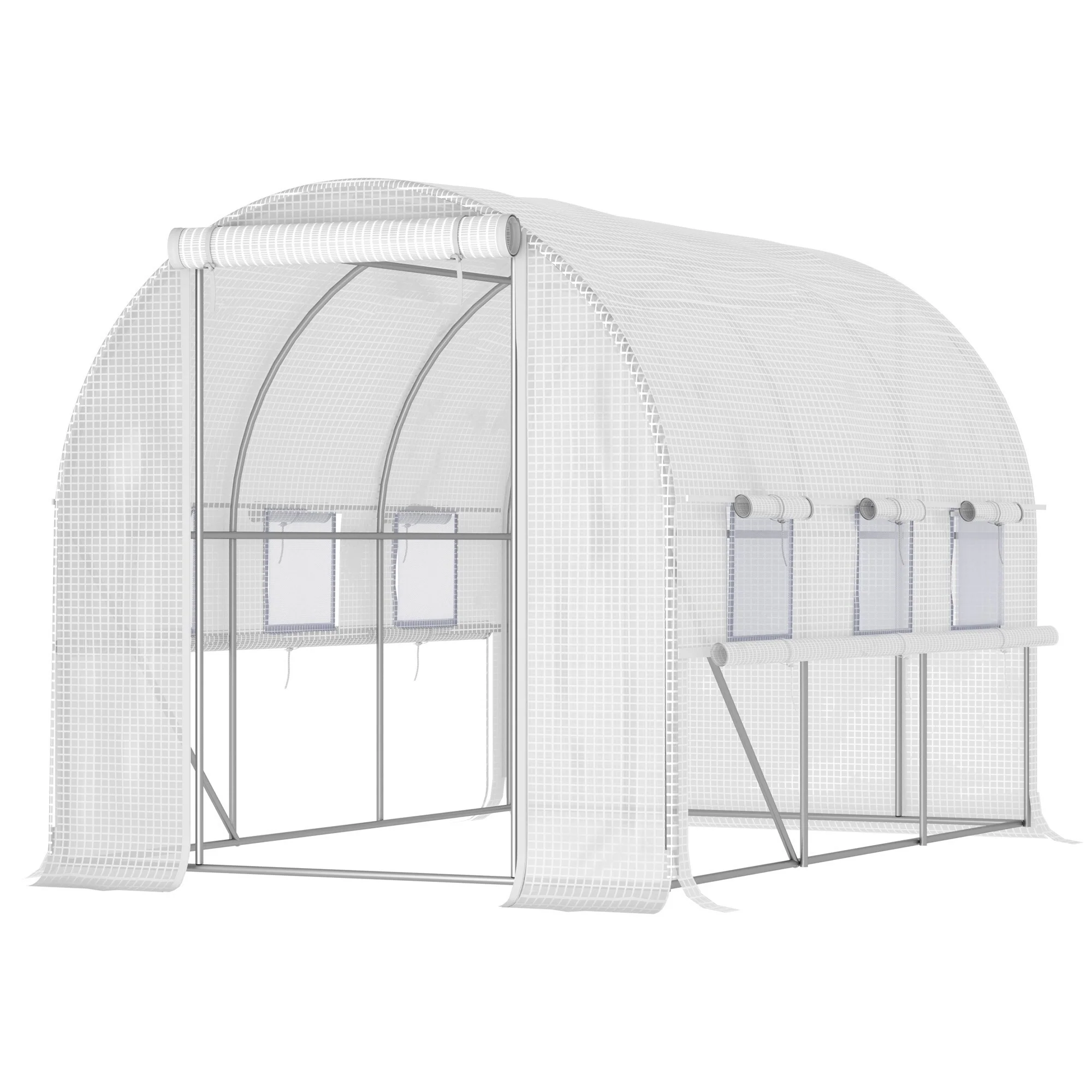 UV-Resistant Tunnel Green House with Zipper Doors and Mesh Windows Sloped Arch Roof Garden Shed, Rust-resistant