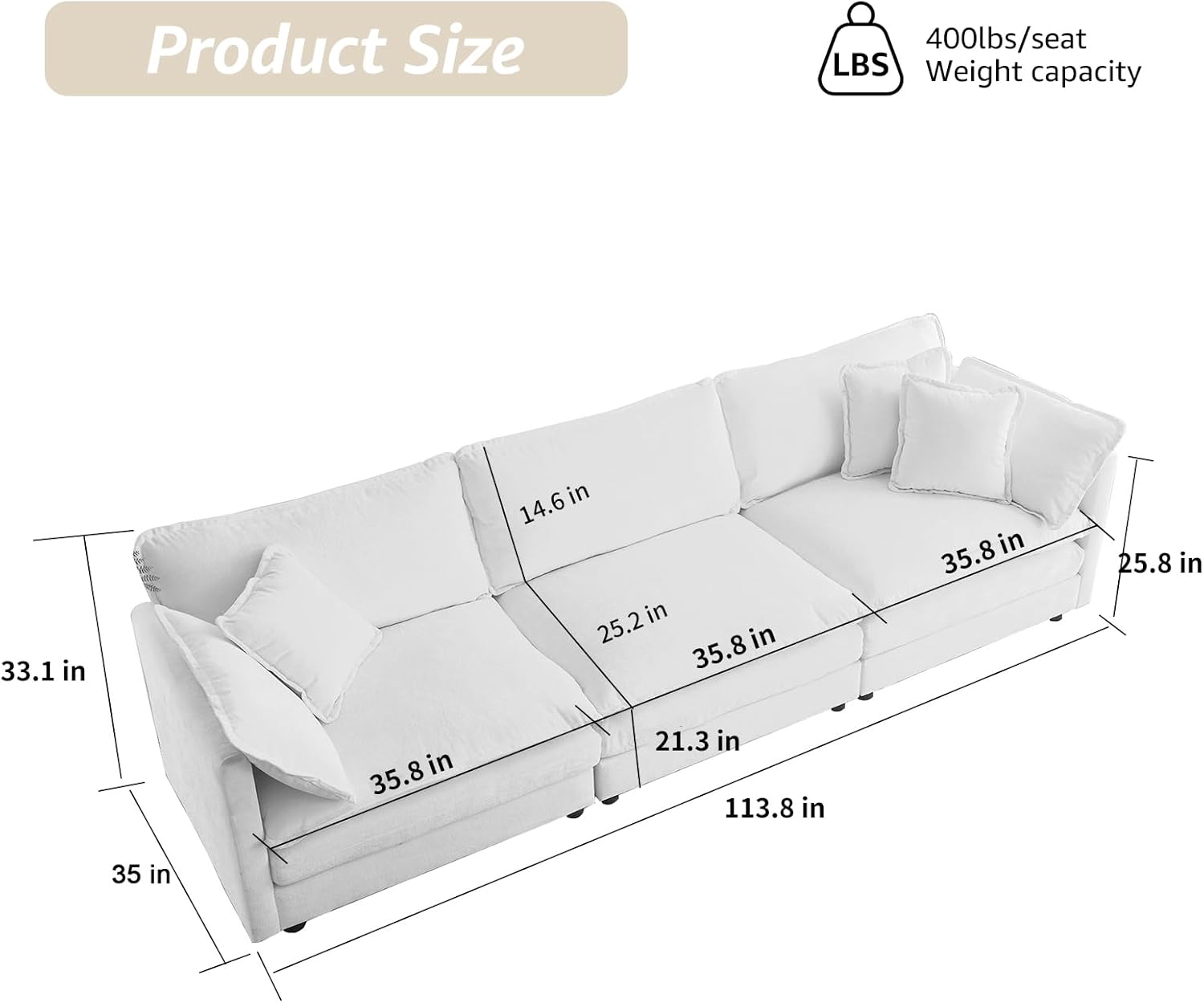 113.8 Modern Cozy Sectional Couches for Living Room, Beige Chenille Comfy Cloud Couch Sectional, 3 Seater Couch for Living Room, Sofas para Sala, I Shaped Sofas & Couches (Beige, 3+0 Set)