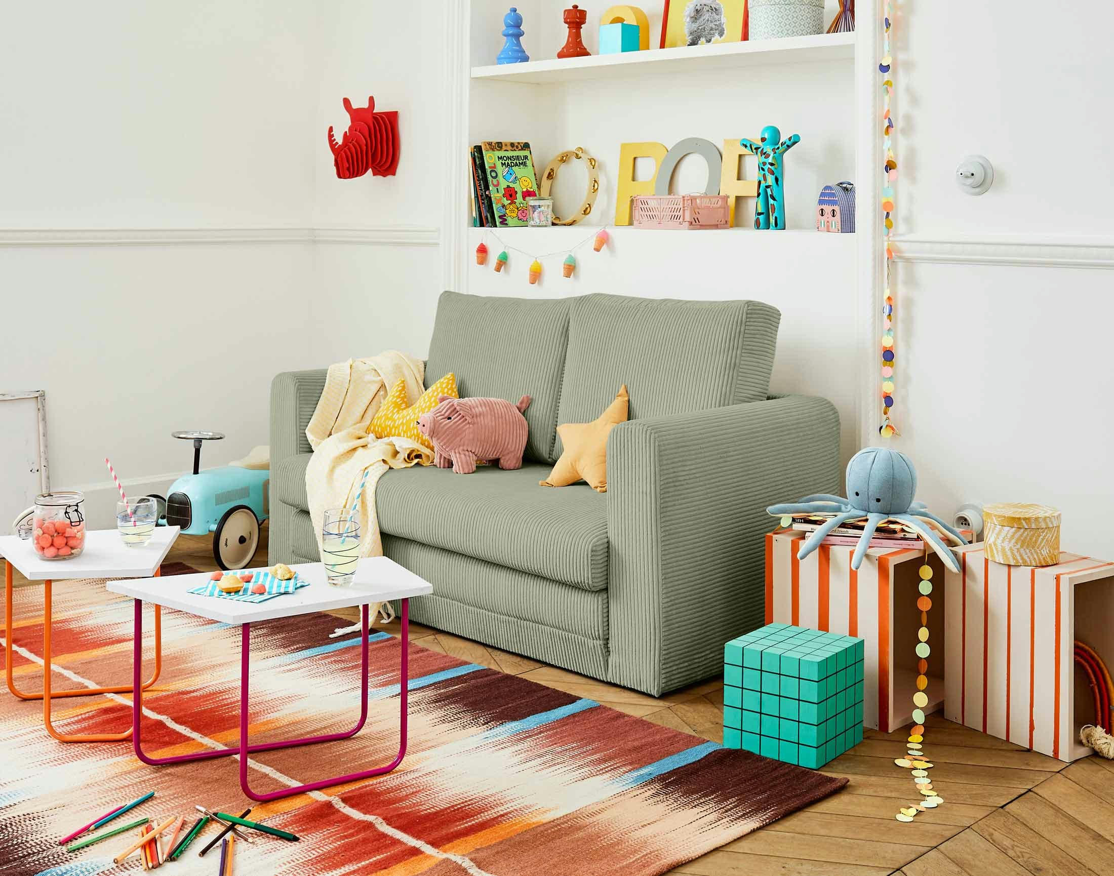 MARILIA - Canapé droit convertible 2 places en velours côtelé vert sauge