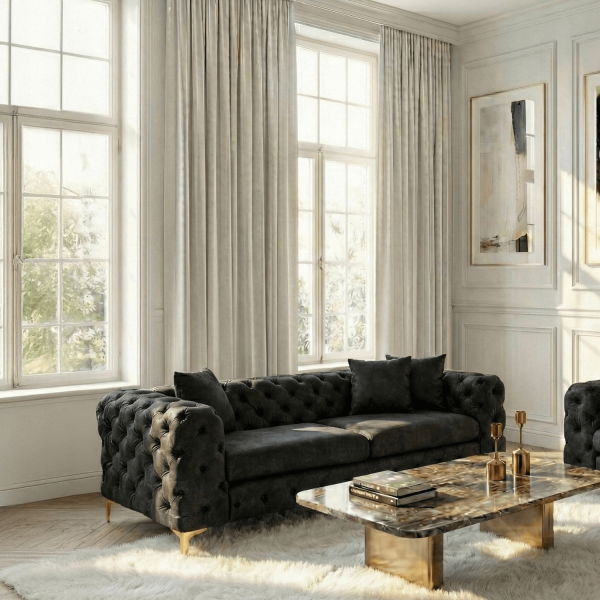 Sofa SORRENTO 3S Trzyosobowa Czarna Welurowa Nowoczesna Glamour
