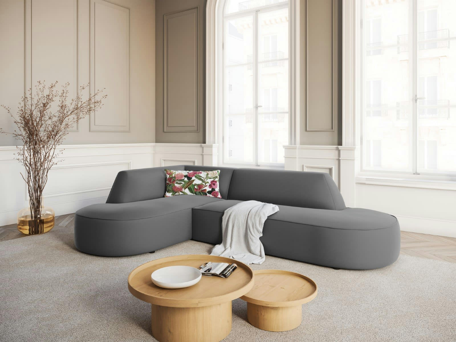 CHARLES - Canapé D'Angle Gauche 4 places en Velours Gris Foncé