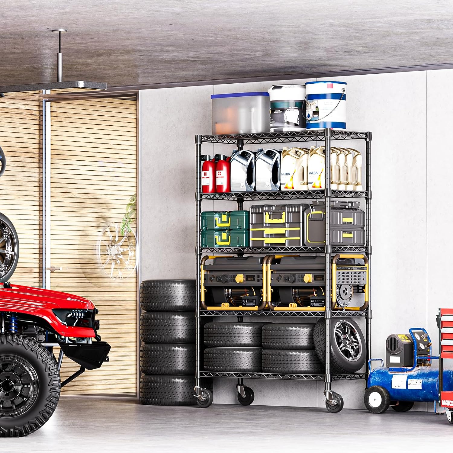 IZEUK 5-Tier Adjustable Heavy Duty Steel Wire Shelving Unit with Wheels, Storage Rack Organizer for Garage, Kitchen, Office, Laundry, Basement (Black, 17.7 D x 47.2 W x 76.7 H, 1750 lbs Capacity)