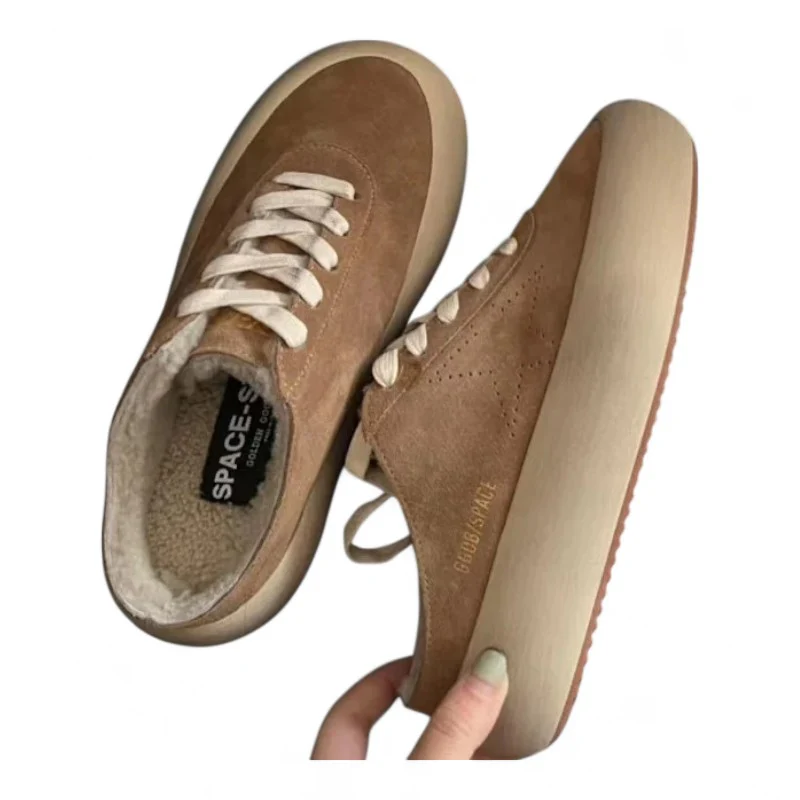 Space-Star Sabot shoes in tobacco-colored suede with shearling lining