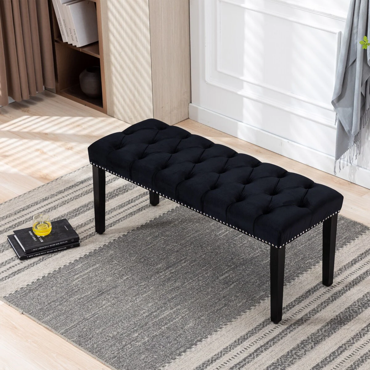Upholstered Tufted Bench Ottoman, Velvet Dining Bench for Entryway Dining Room Living Room