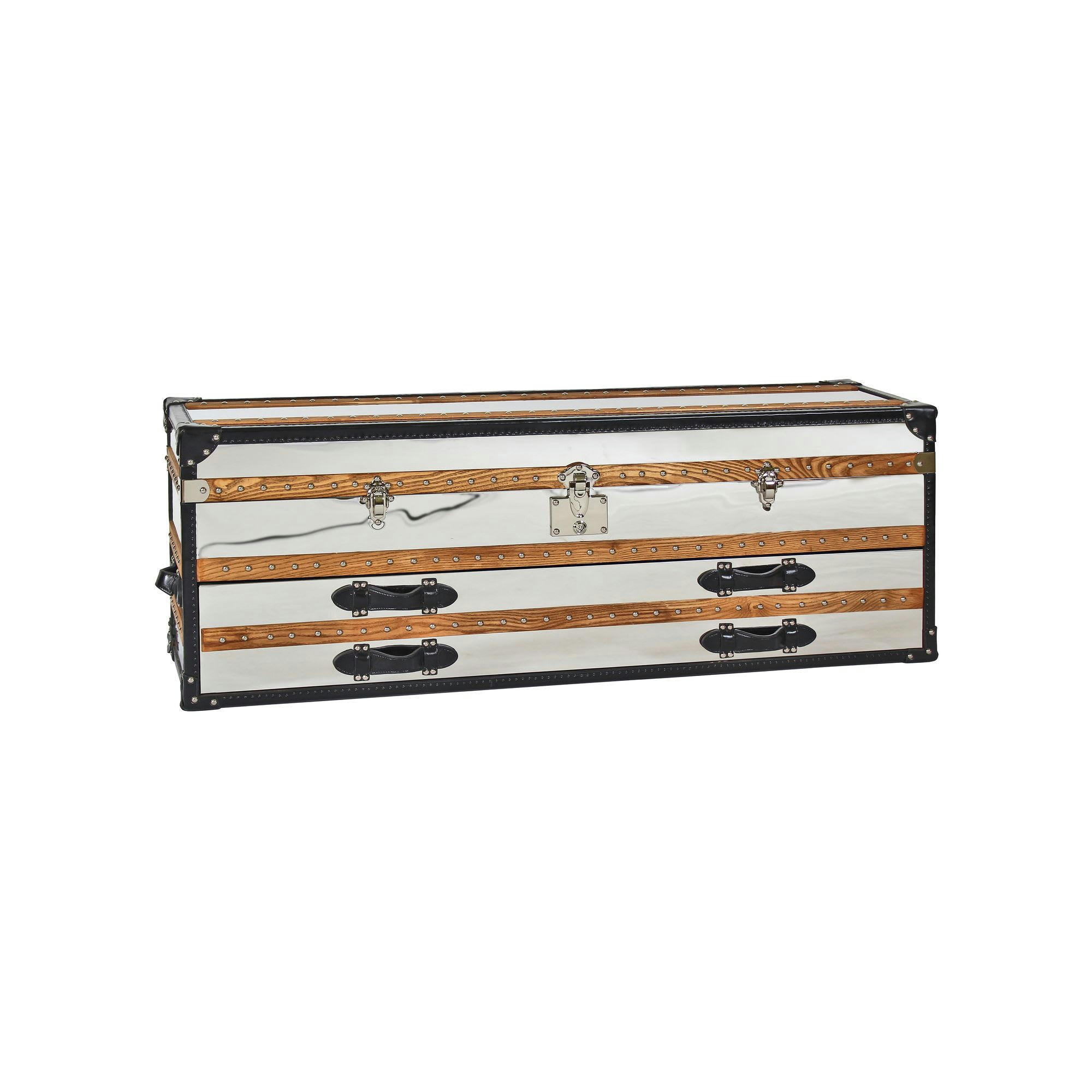 ILIADE - Commode basse 1 coffre 2 tiroirs en acier inoxydable et cuir