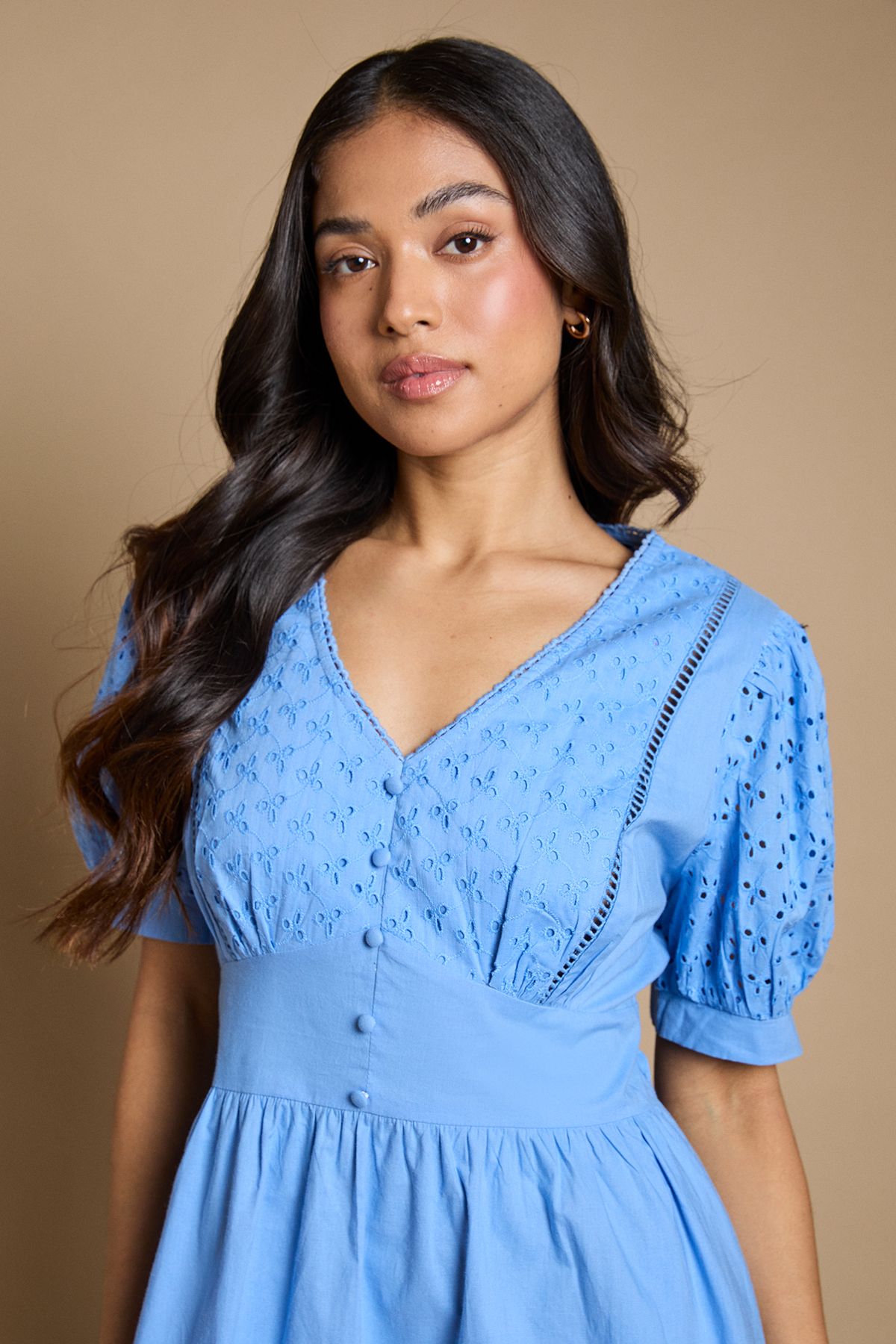 Dorothy Perkins Petite Broderie Lace Trim Puff Sleeve Tiered Poplin Maxi Dress