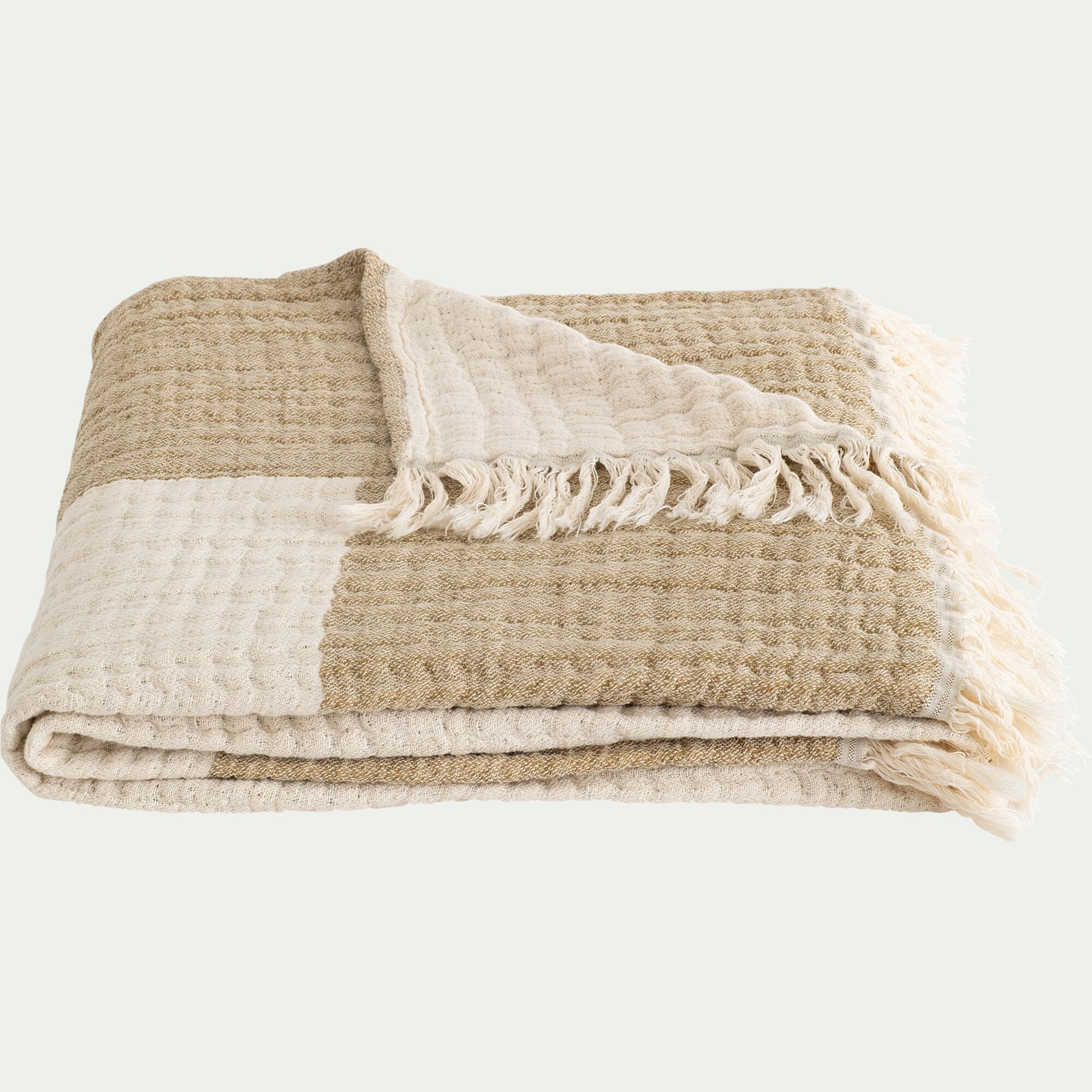 ESTRELA - Plaid gaufré à carreaux en lin et coton 130x170cm - vert mousse