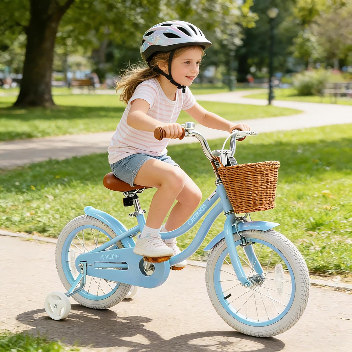 Olakids Kids Bike, 12 14 16 18 20 Inch Toddlers Bike with Training Wheels Rattan Basket Safety Bell Adjustable Seat and Handlebar, Children's Bicycle for Girls Boys