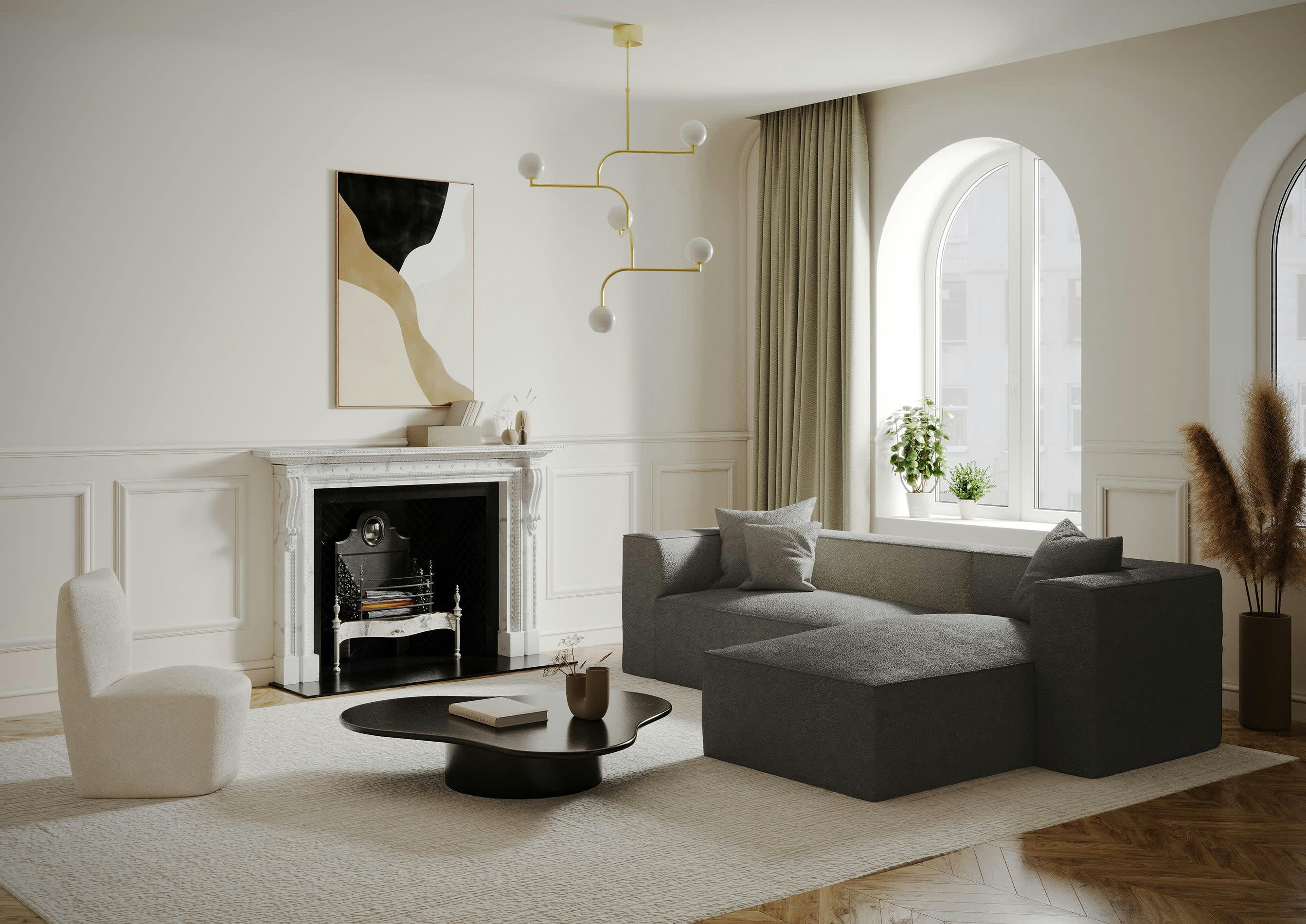 ALMA - Canapé d'angle droit tissu bouclette gris graphite