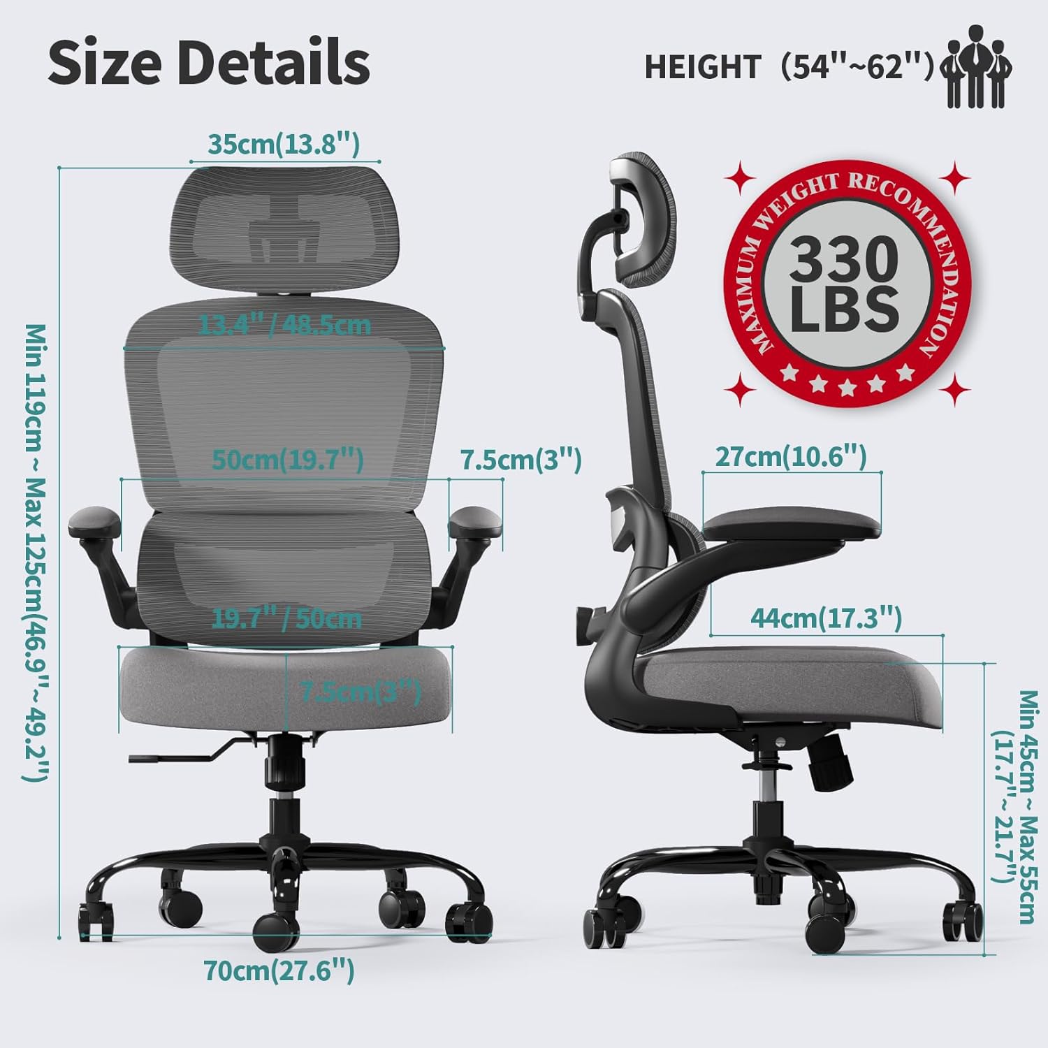 TRALT Office Chair Ergonomic Desk Chair, 330 LBS Home Mesh Office Desk Chairs with Wheels, Comfortable Gaming Chair, High Back Office Chair for Long Hours (Dark Grey)