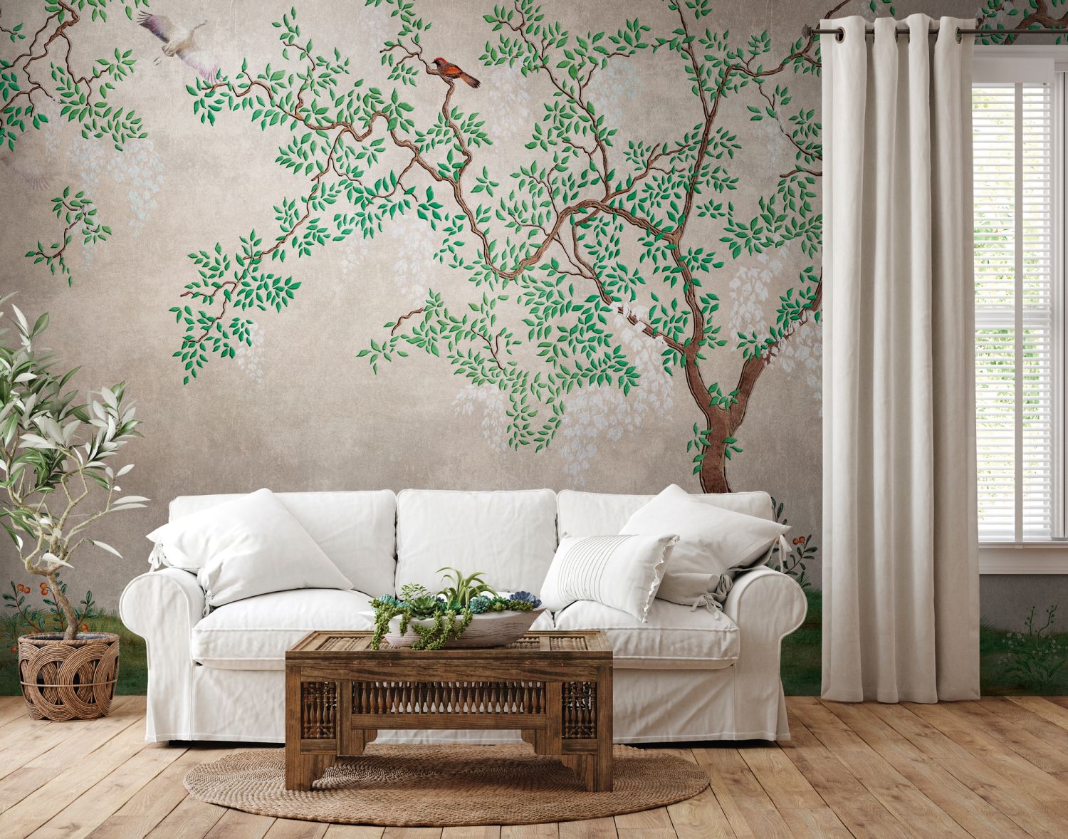 One Wall one Role fotobehang vogel groen, bruin, beige, grijs en wit - 371 x 280 cm - AS-382331