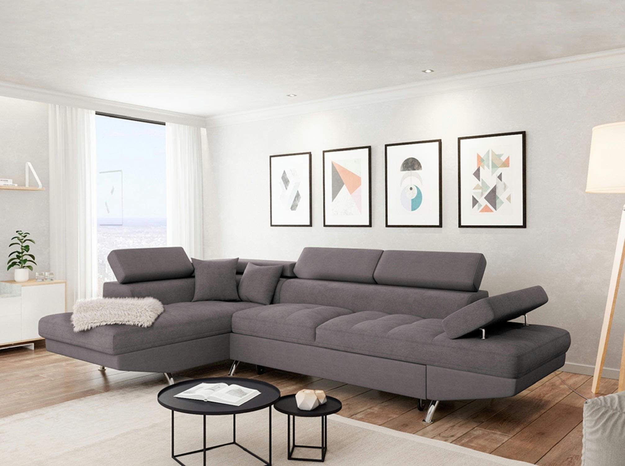 RIO - Canapé d'angle gauche convertible avec coffre en microfibre grise