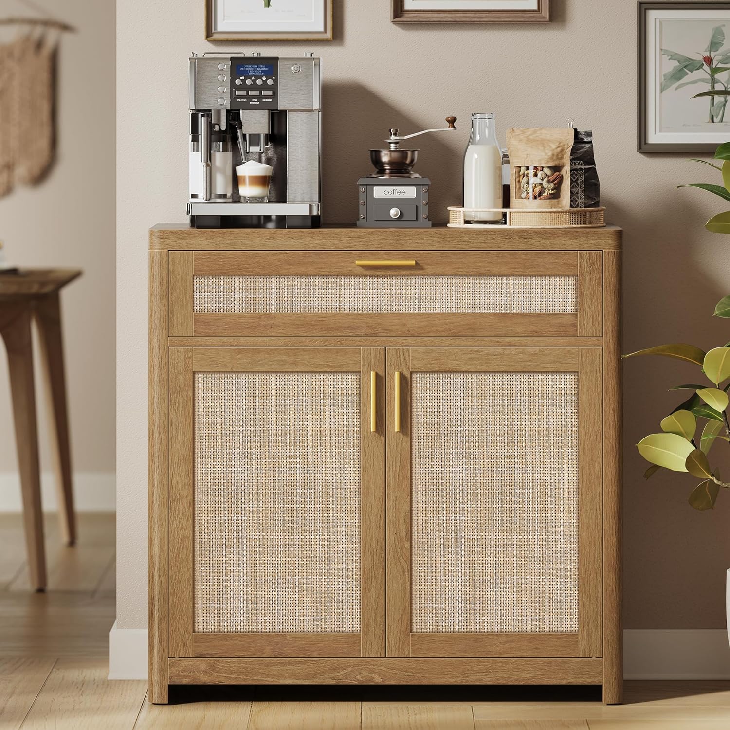 VASAGLE ELLAN Collection - Boho Buffet Cabinet with Rattan-Look Doors, Sideboard Storage Cabinet, Rounded Corners, Adjustable Shelf, Drawer, for Kitchen, Natural Brown UBBK601KC01