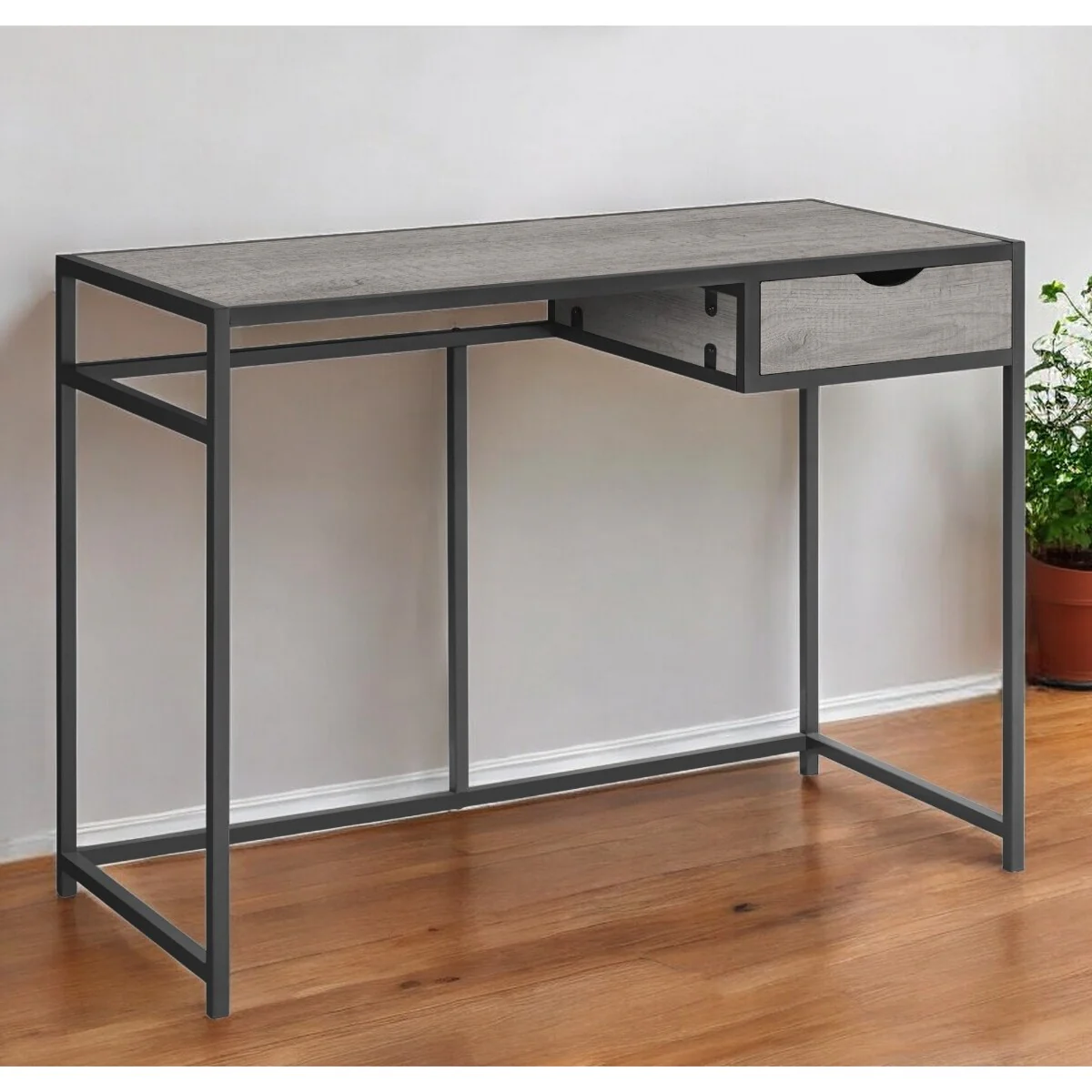 Grey Wood Computer Desk with Dark Grey Metal Base and 1 Drawer