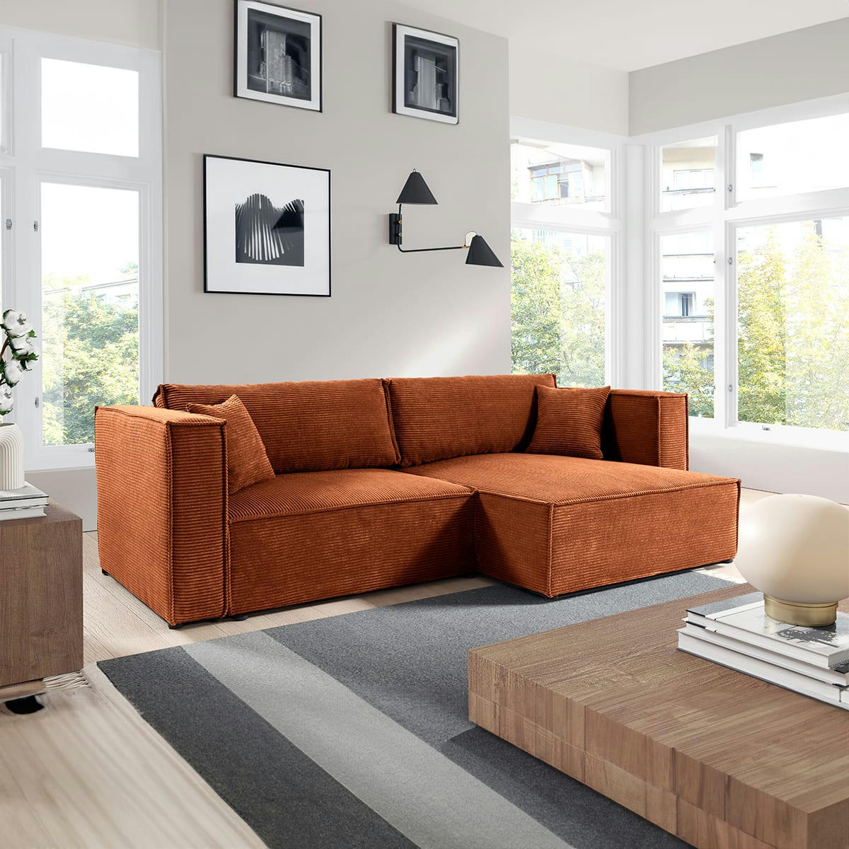 - Canapé d'angle réversible convertible 3 places velours côtelé orange