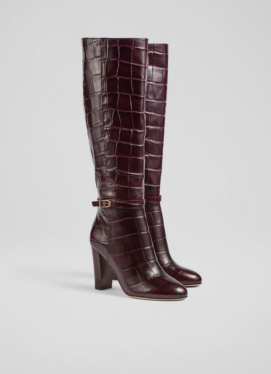 Morgan Brown Croc-Effect Leather Knee-High Boots