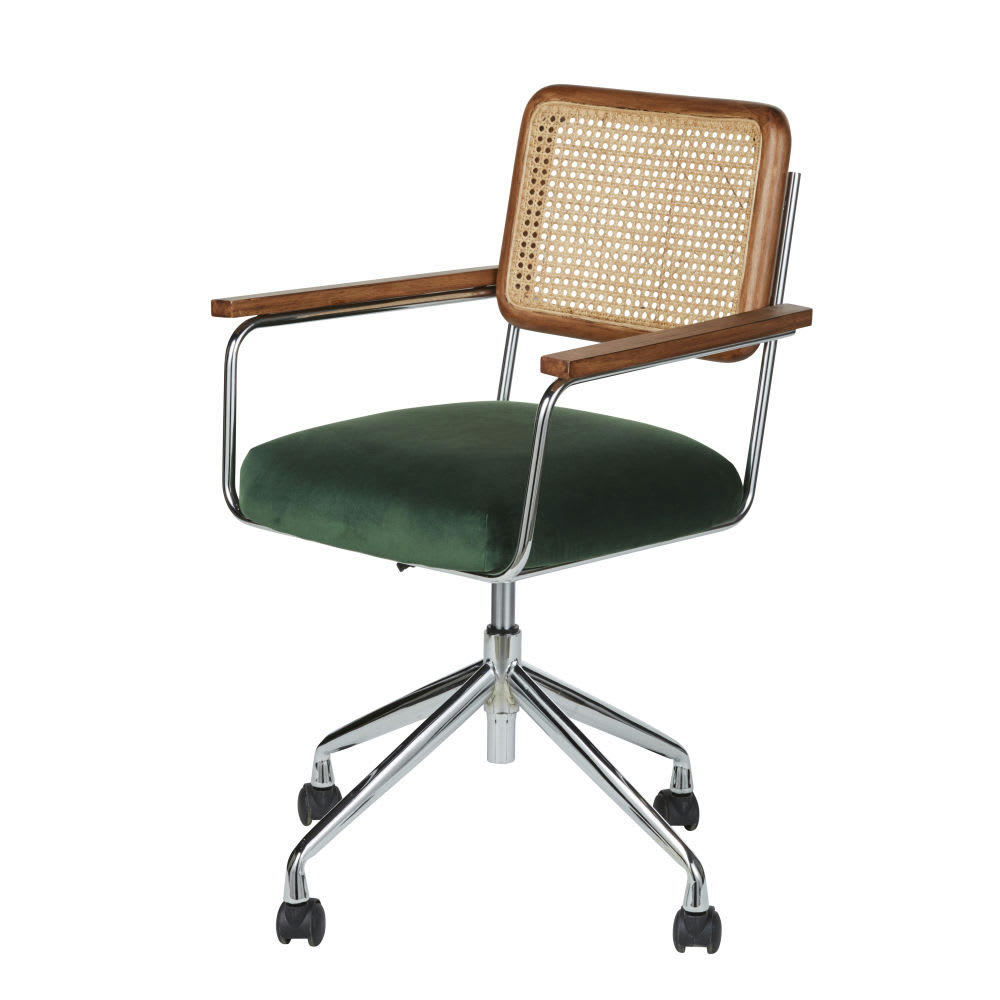 Rosalie - Chaise de bureau réglable à roulettes en velours vert et cannage en rotin