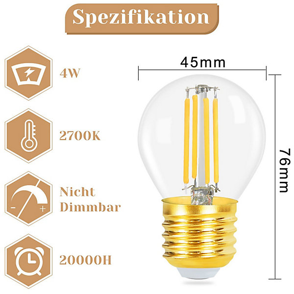 NETTLIFE Lot de 6 ampoules LED E27 à filament vintage blanc chaud 2700K 4W modèle G45 en verre de haute qualité