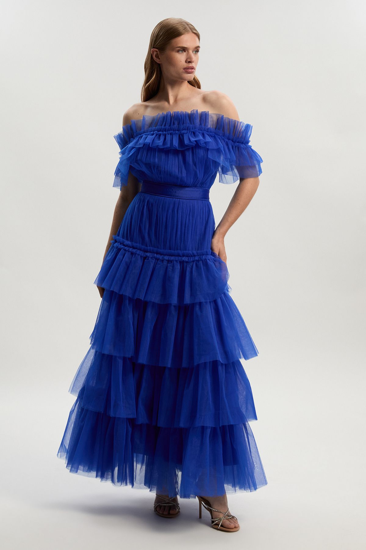 KarenMillen Tulle Layered Off the Shoulder Maxi Dress