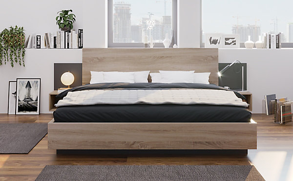 Lit 160x200 cm en bois massif Sonoma avec tables de chevet suspendues et accents gris foncé, design moderne