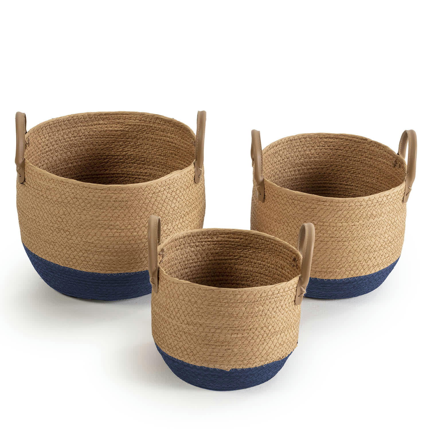 TECLA - Set de 3 paniers fibre naturelle, bleu/naturel