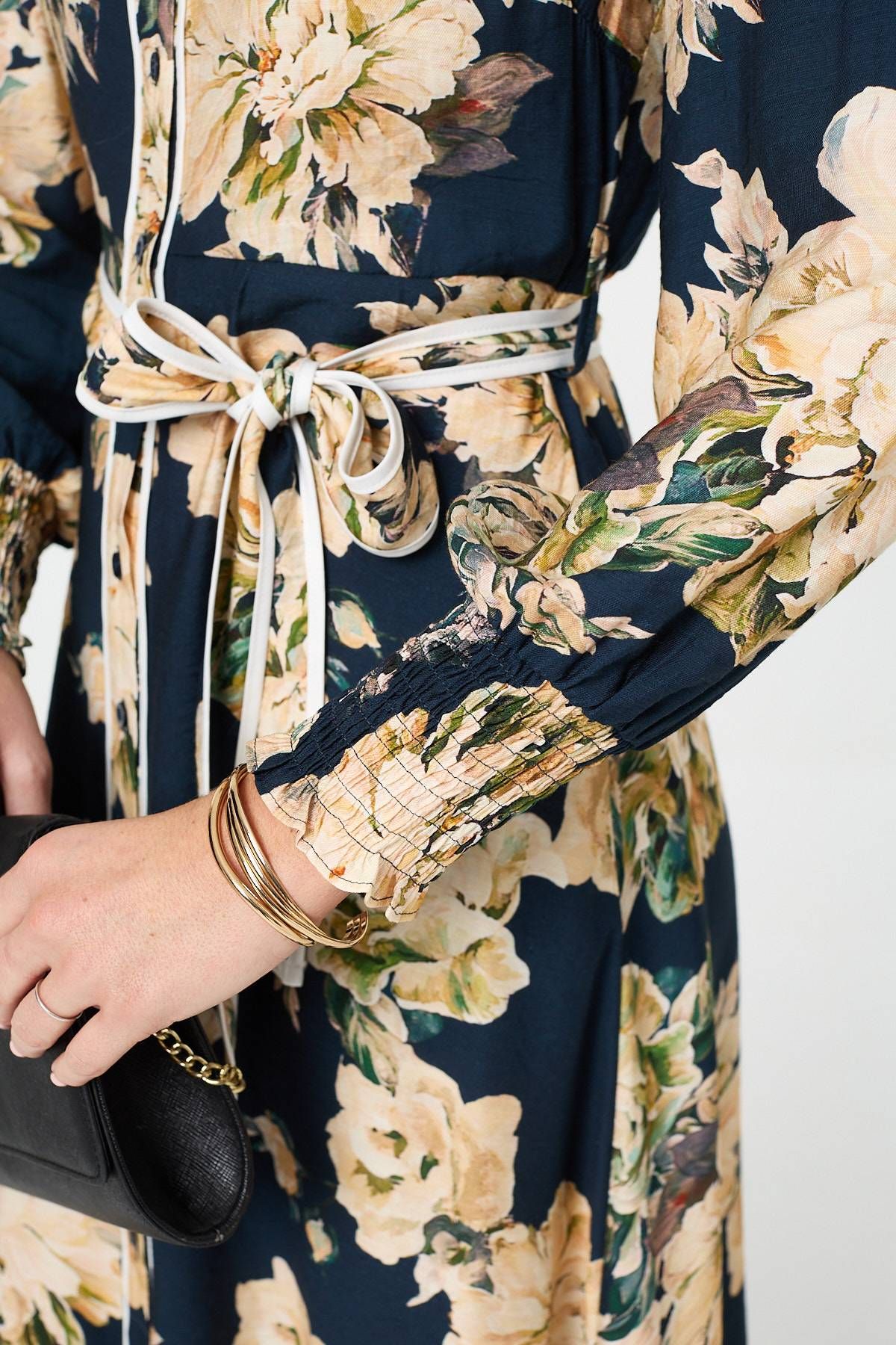 Izabel London Floral Print Tie Waist Midi Shirt Dress