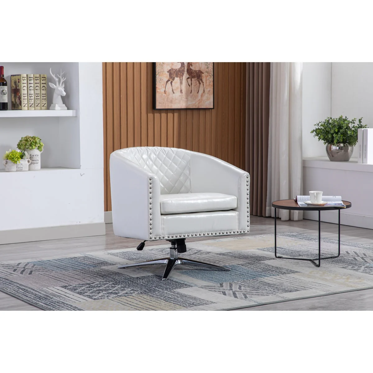 Polyester Swivel Barrel Chair with Nailheads and Metal Base