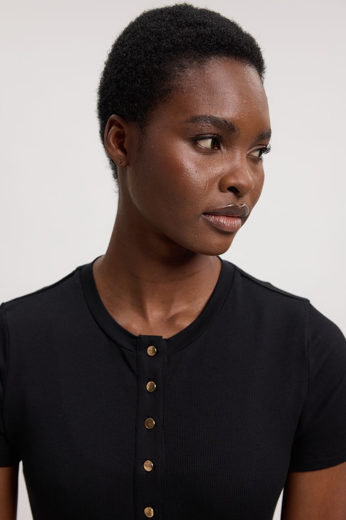 KarenMillen Viscose Rib Button Up Crew Neck Tshirt