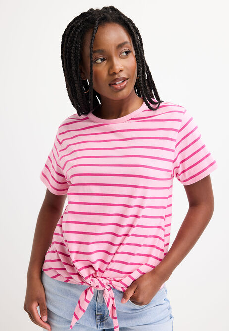 Womens Pink Stripe Cotton Front Knot T-Shirt