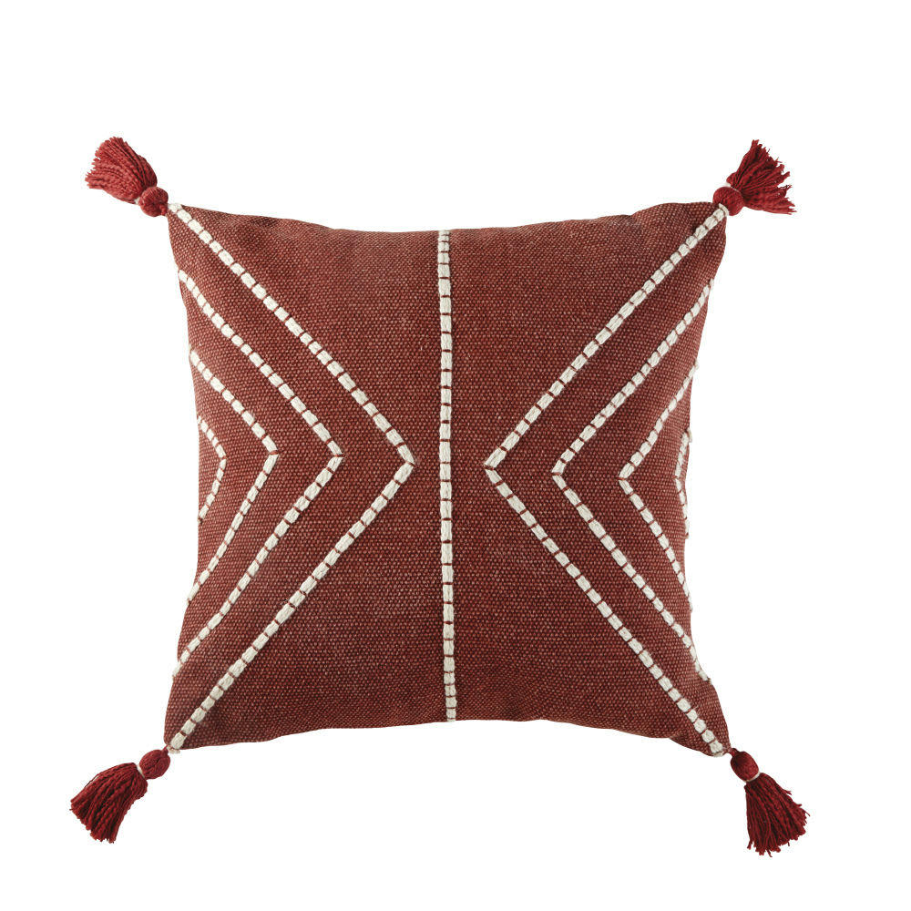 AFIBA - Coussin en coton rouge et écru avec pompons 45x45