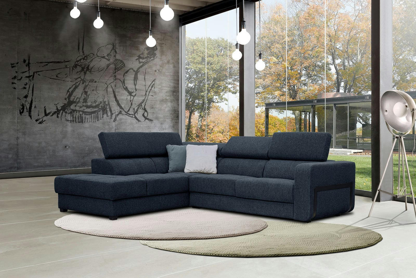 BERGO - Canapé d'angle gauche 5 places en tissu bleu foncé avec coussins déco