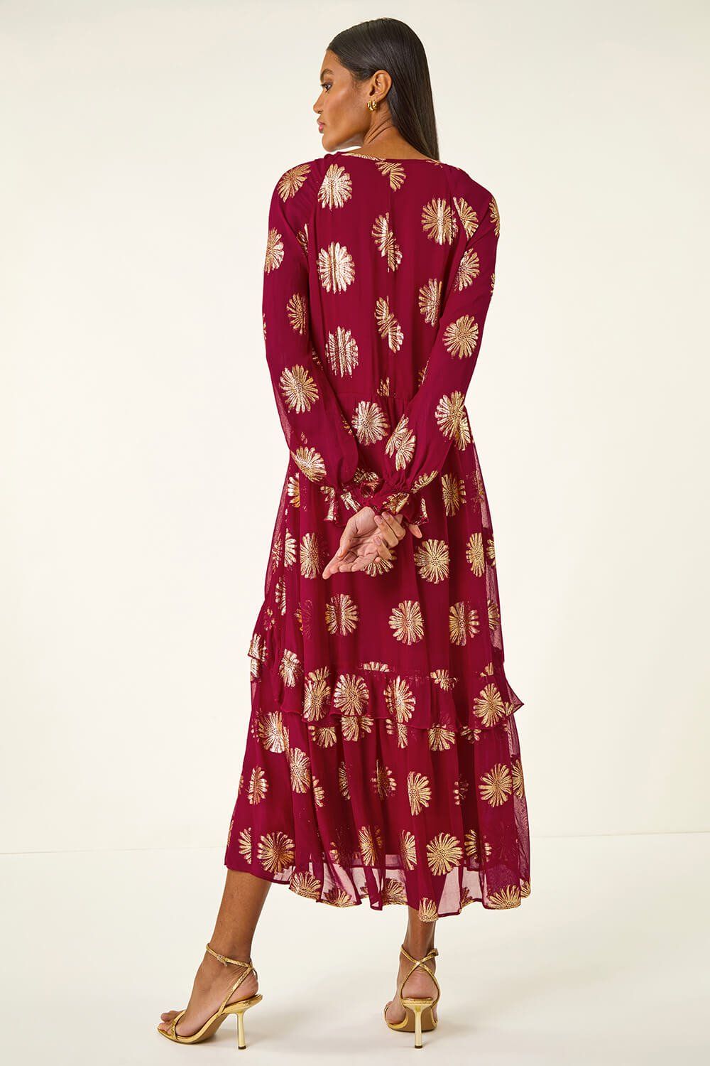Roman Frill Brocade Midi Dress