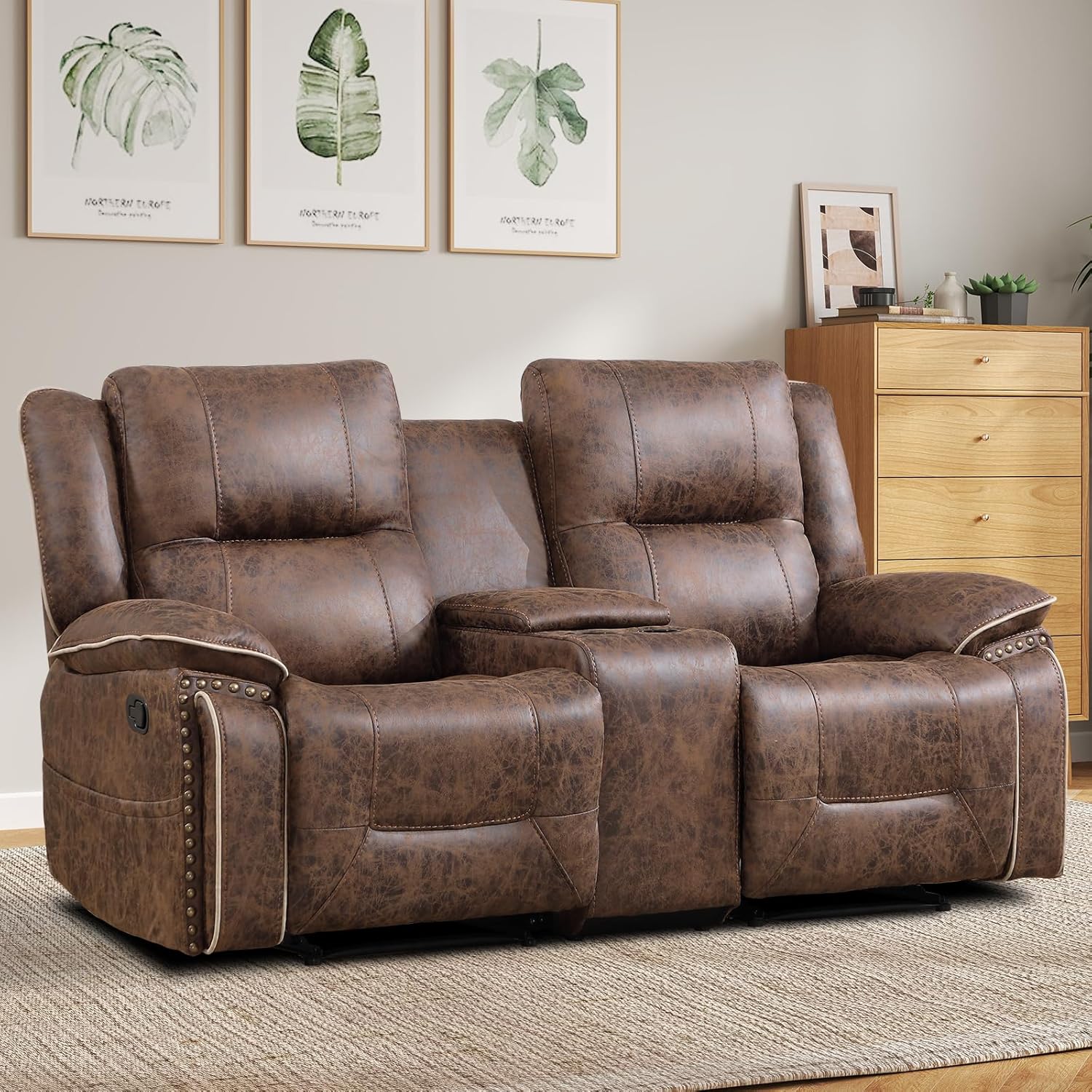 EBELLO Faux Leather Manual Recliner Loveseat, 2 Seater Reclining Sofa Chair with Center Console, Hidden Storage and Cup Holders, Vintage Rivet Mid-Century Design for Living Room, Meeting Room, Brown