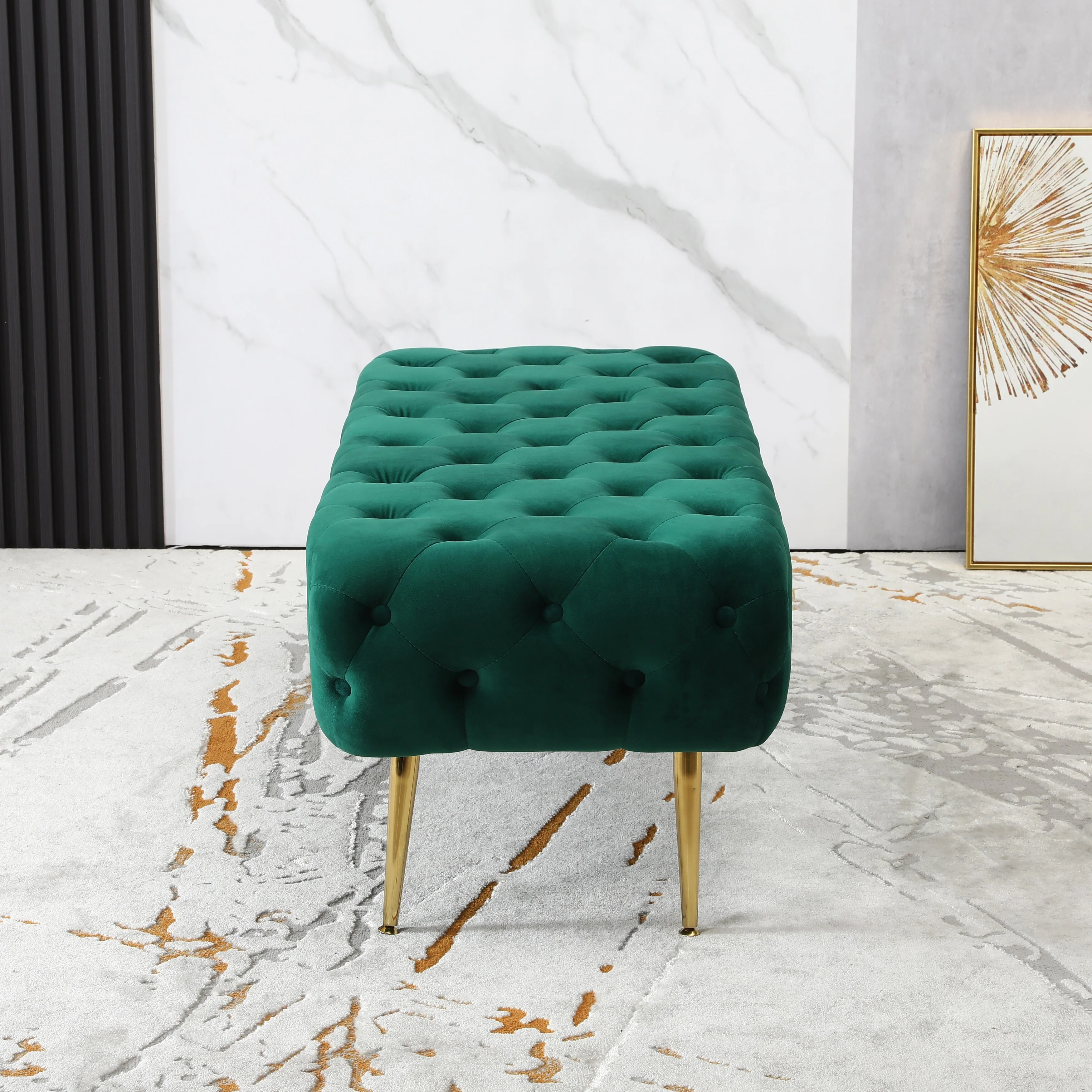Velvet Button Tufted Bench with Gold Metal Legs