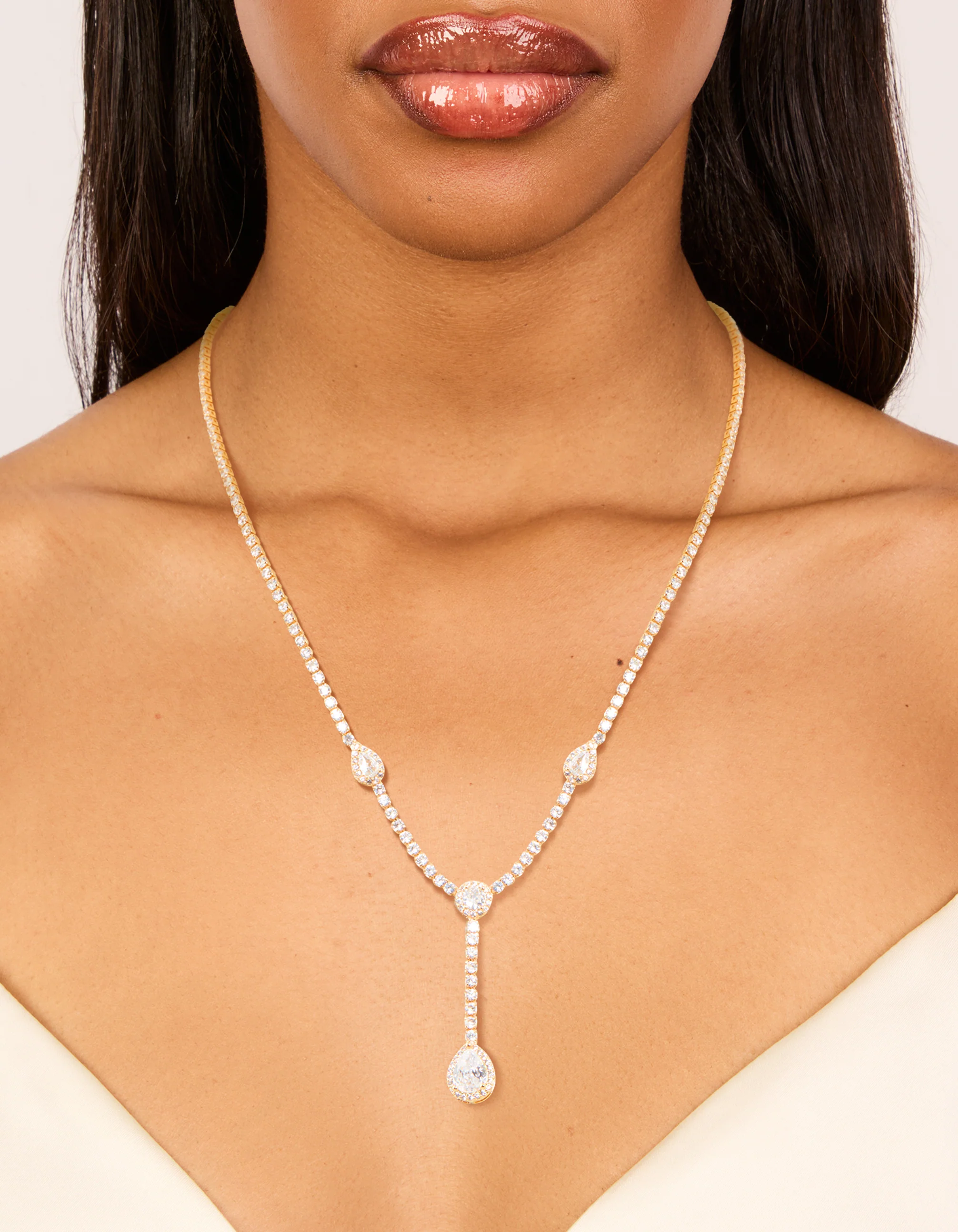 Gold Cubic Zirconia Dainty Bezel Set Y-Necklace