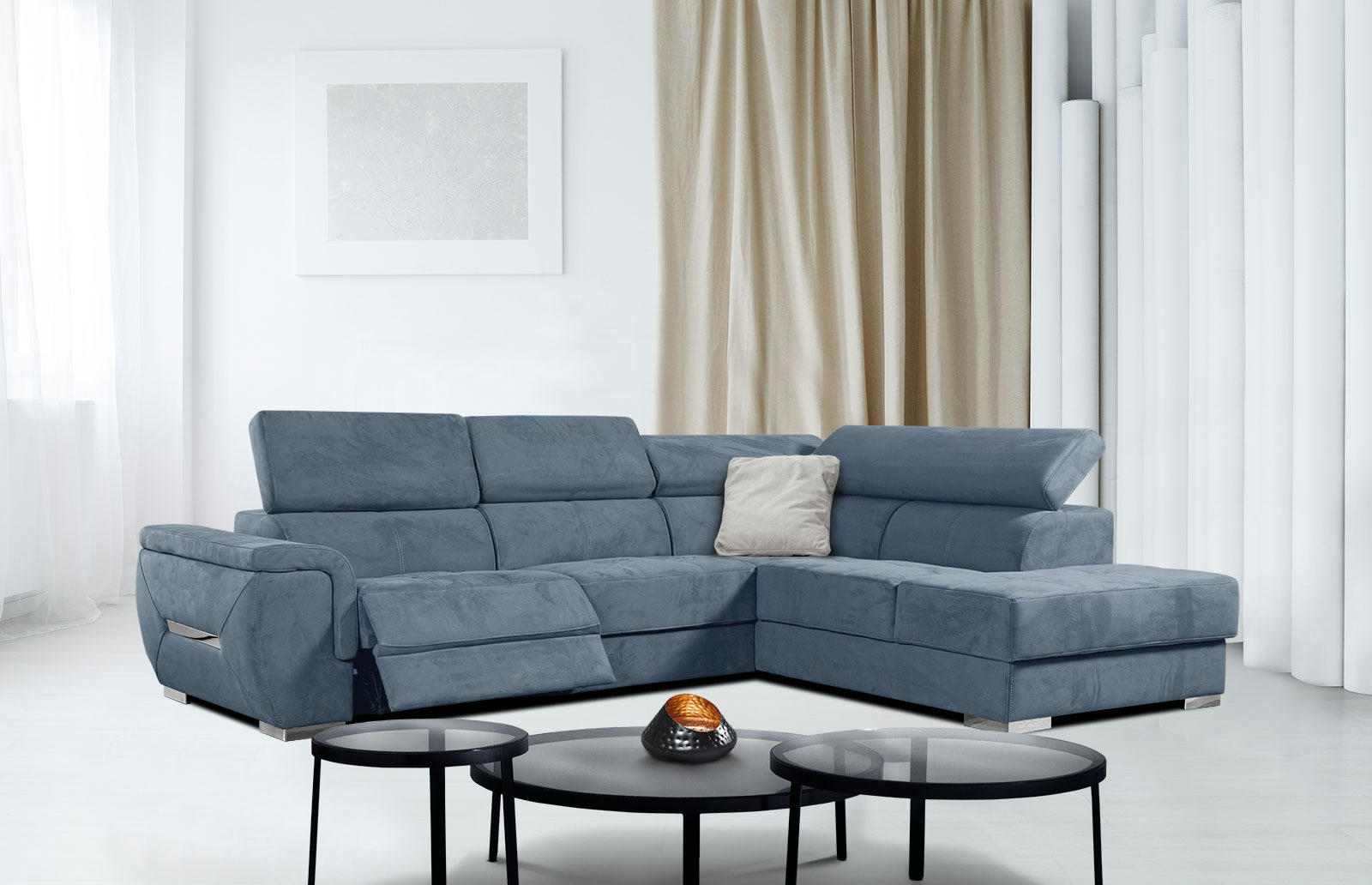 KELTE - Canapé d'angle droit 5 places avec une relaxation tissu bleu