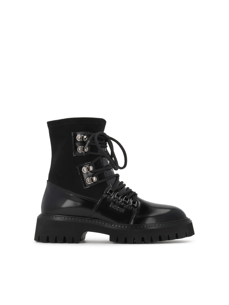 Black leather boots with fabric upper and trep sole